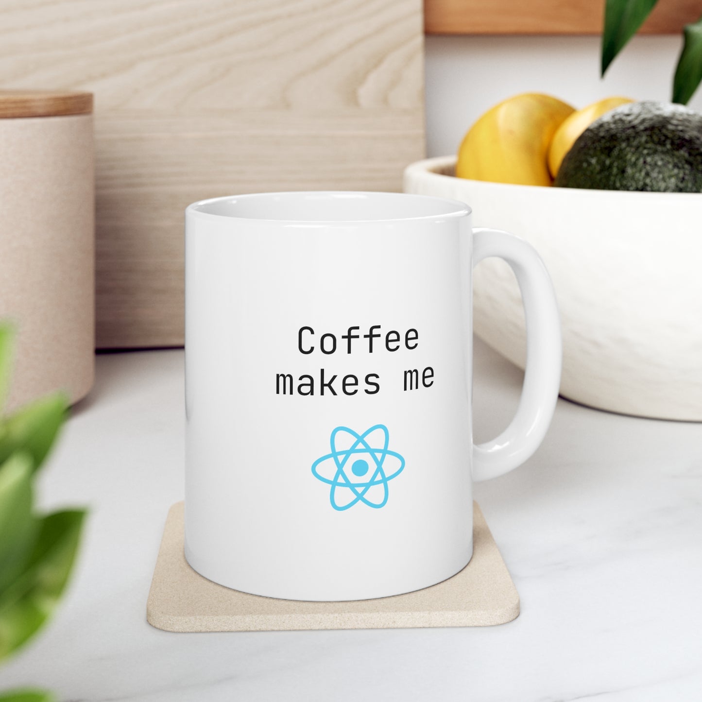 Coffee Makes Me React Icon, Ceramic Mug 11oz