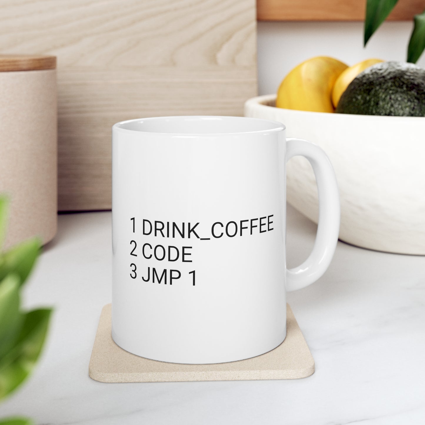 1 DRINK_COFFEE, 2 CODE, 3 JMP 1, Ceramic Mug 11oz