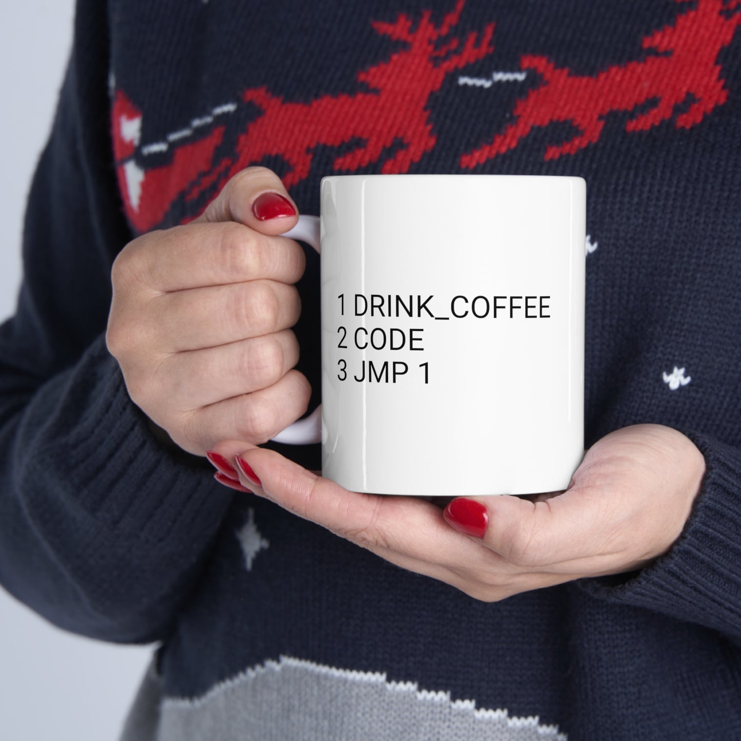 1 DRINK_COFFEE, 2 CODE, 3 JMP 1, Ceramic Mug 11oz