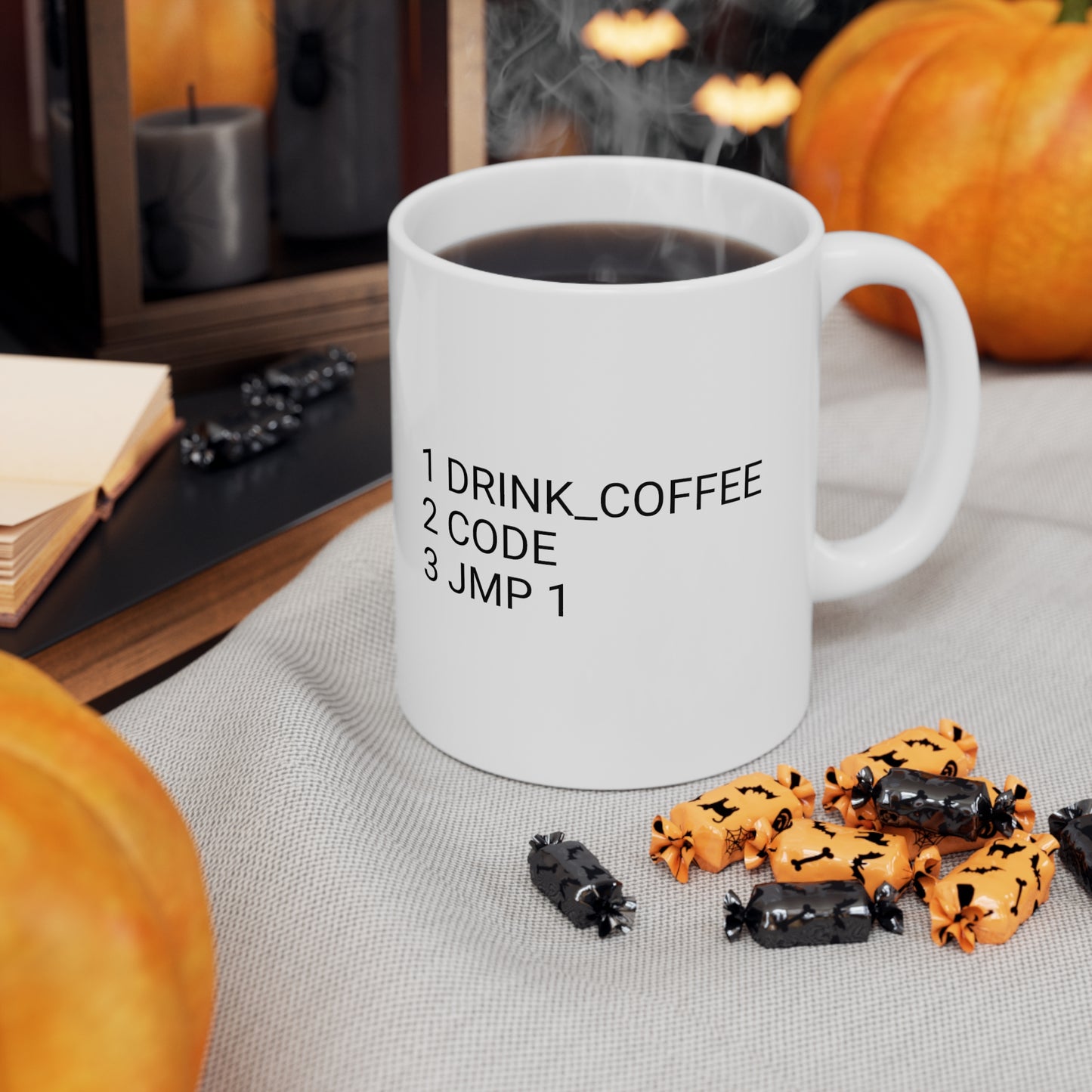 1 DRINK_COFFEE, 2 CODE, 3 JMP 1, Ceramic Mug 11oz