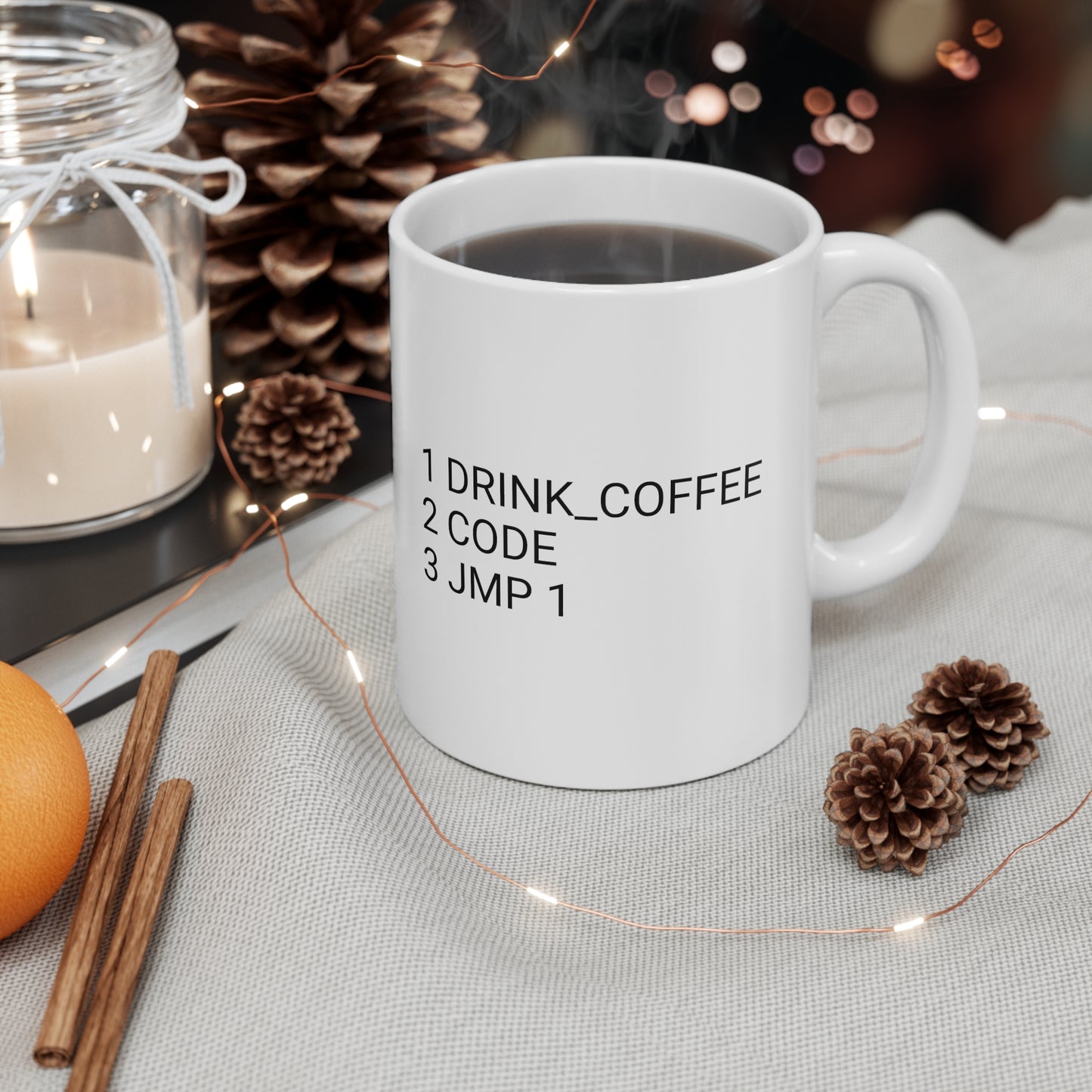 1 DRINK_COFFEE, 2 CODE, 3 JMP 1, Ceramic Mug 11oz