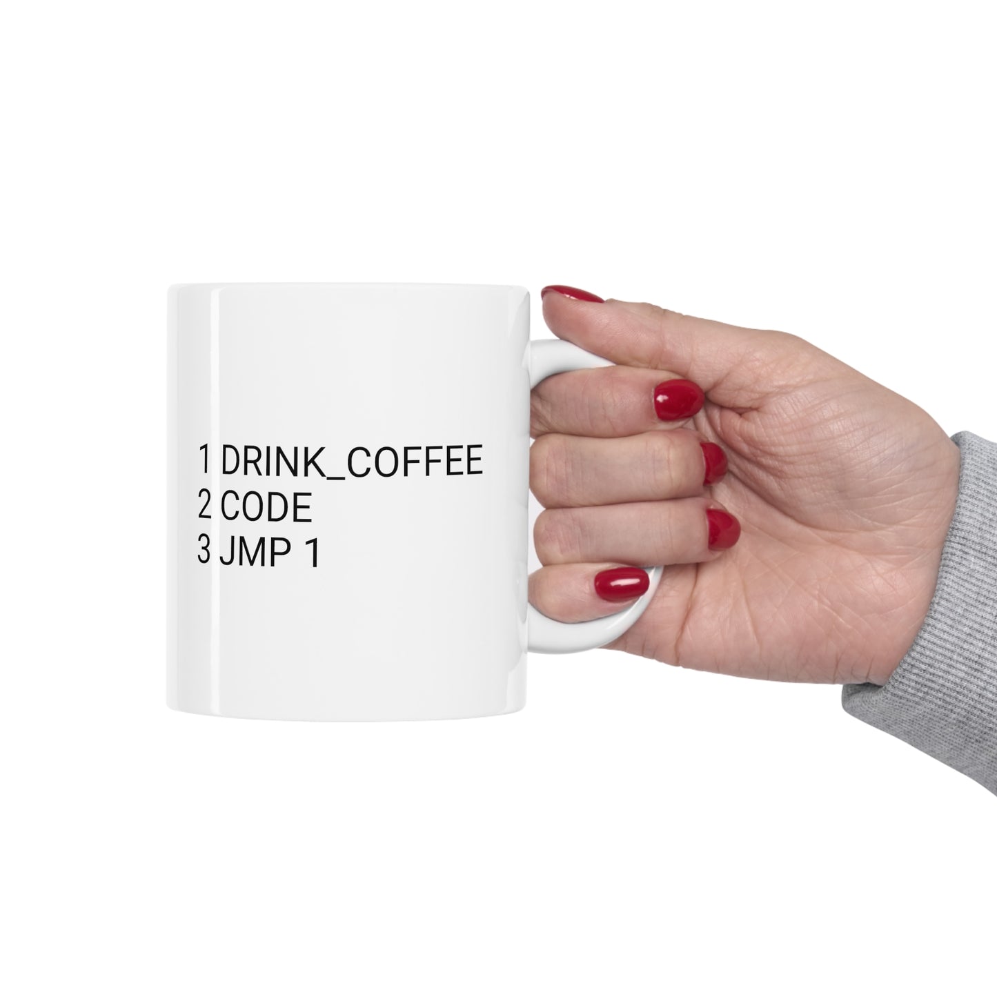 1 DRINK_COFFEE, 2 CODE, 3 JMP 1, Ceramic Mug 11oz